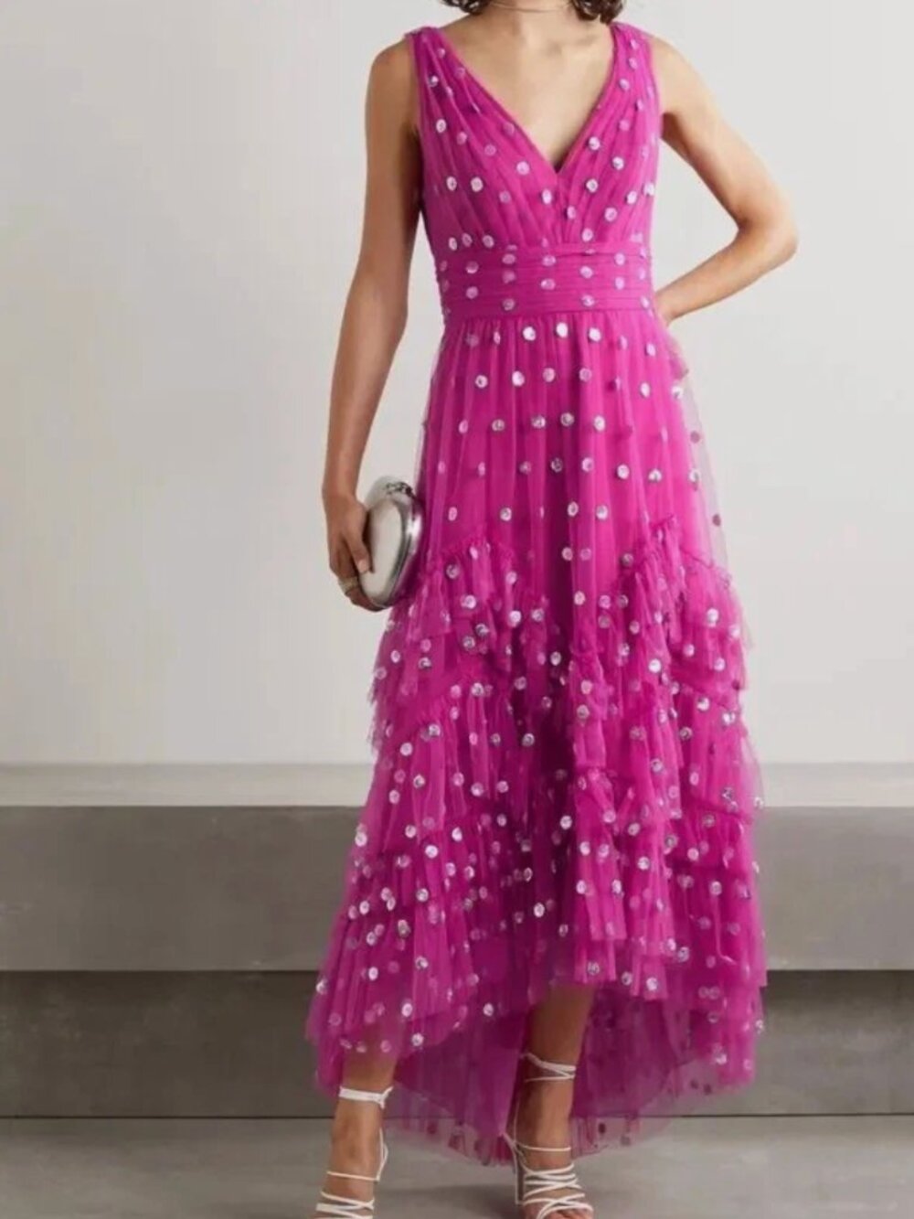MARCHESA NOTTE Sleeveless V-neck Sequin Polka Dot Tea-length Gown In Fuchsia 0